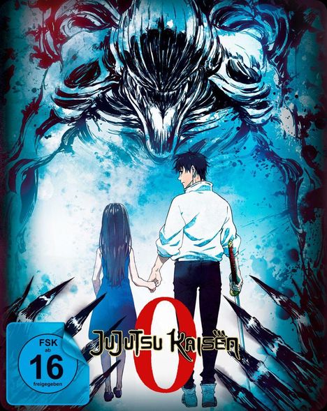 "Jujutsu Kaisen 0" und "FSK ab 16 freigegeben" auf einer Illustration. Zwei Personen halten sich vor einem riesigen Monster die Hand.