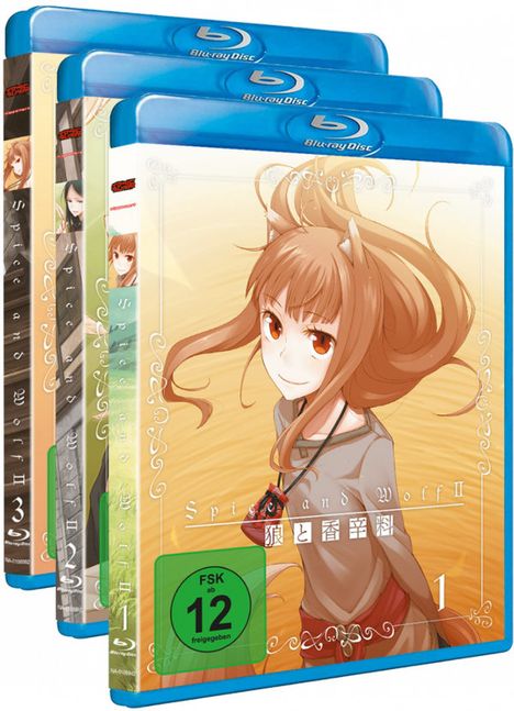 Drei Blu-ray-Hüllen mit Aufschrift „Spice and Wolf II“. Vorderste Hülle zeigt eine lächelnde Figur mit langen braunen Haaren.