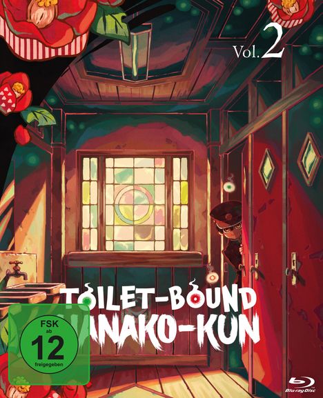 „Vol. 2“, „FSK ab 12 freigegeben“, „Toilet-Bound Hanako-kun“. Illustration eines bunten Raumes mit Blumen und einer Figur.