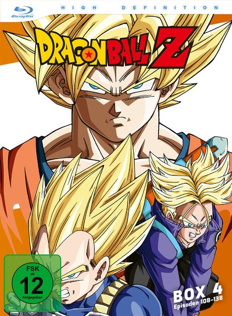 Text: "Dragon Ball Z", "FSK ab 12 freigegeben", "Box 4 Episoden 108-138". Drei kämpferische Figuren mit gelbem Haar.