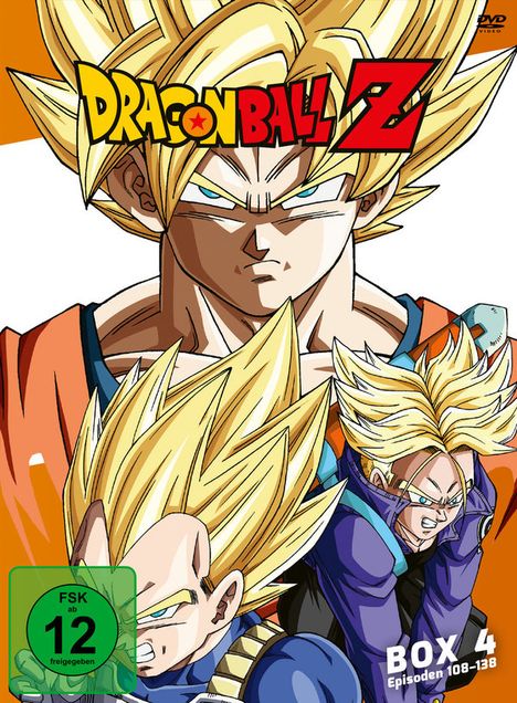 Text: „Dragon Ball Z“, „Box 4 Episoden 108-138“, „FSK ab 12“. Illustration von drei blonden, kämpfenden Figuren.