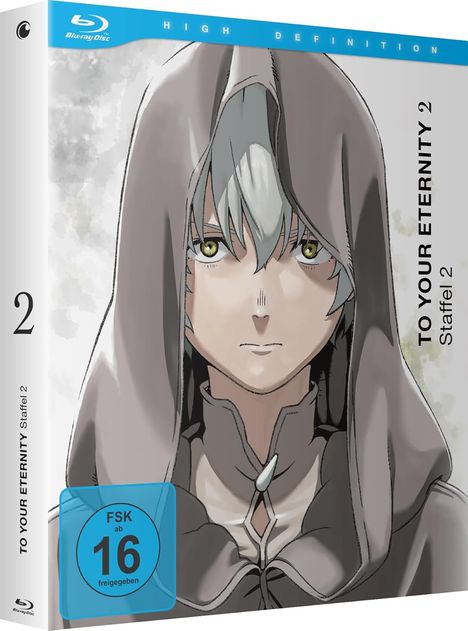 "TO YOUR ETERNITY 2, Staffel 2", "FSK ab 16 freigegeben". Illustration eines Charakters mit Kapuze und ernster Miene.