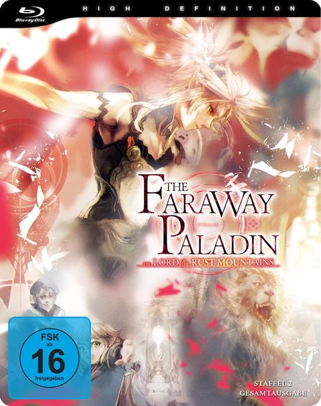 Text: "The Faraway Paladin: Lord of the Rust Mountains", "FSK ab 16 freigegeben", "Staffel 2 Gesamtausgabe". 

Illustration: Fantasykrieger, Löwe, dynamische Posen.