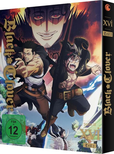 Texte: „Black Clover“, „StaffeI 10 XVI Teil 2“, „FSK ab 12“. Anime-Charaktere in dynamischer Pose vor fantasievoller Kulisse.