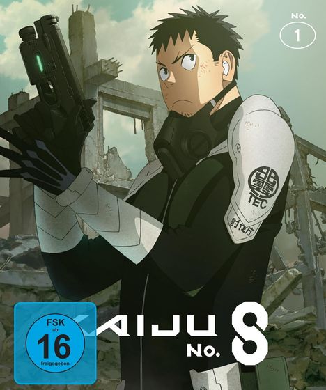 „KAIIJU No. 8“, FSK 16. Ein Comiccharakter mit Waffe, futuristische Rüstung, zerstörte Gebäude im Hintergrund.