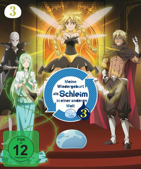 "Meine Wiedergeburt als Schleim in einer anderen Welt", FSK ab 12. Eine Fee schwebt, umgeben von drei fantastischen Figuren.