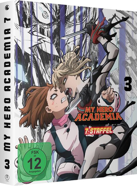 "MY HERO ACADEMIA 7. STAFFEL", zwei kämpfende Figuren, der Hintergrund zeigt hektische Striche, ein grünes FSK 12-Symbol.