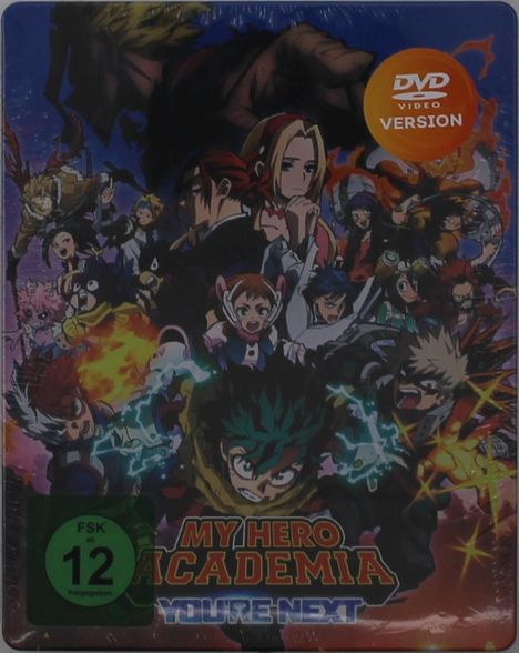 "DVD VIDEO VERSION", "FSK ab 12 freigegeben", "MY HERO ACADEMIA YOU'RE NEXT". Anime-Figuren in einer dynamischen Szene.