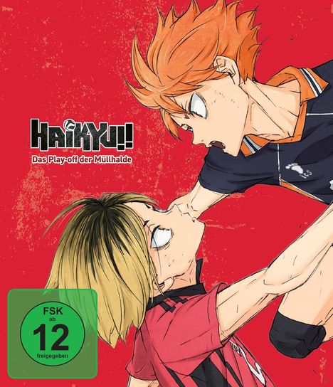 Logo: „Haikyu!! Das Play-off der Müllhalde“. Illustration: Zwei Anime-Charaktere im intensiven Blickkontakt vor rotem Hintergrund.