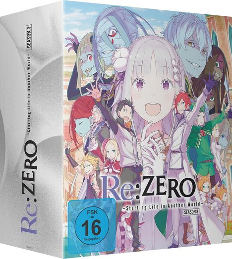 "Re:ZERO - Starting Life in Another World - Season 3" in großen Lettern. Anime-Charaktere in lebhaften Farben gruppiert.
