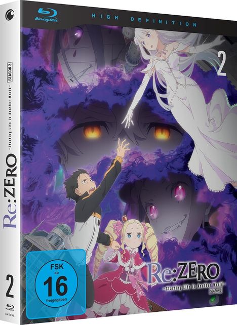 Blu-ray Cover mit "Re:ZERO" und "FSK ab 16". Anime-Charaktere in dramatischer Szene, lila Rauch und intensive Blicke.