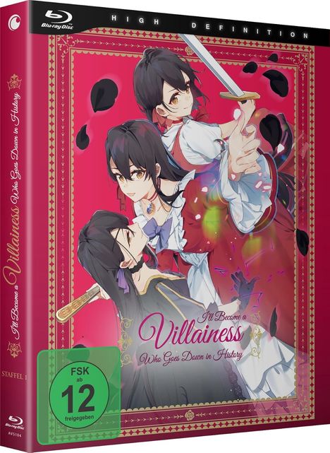 Text: "I'll Become a Villainess Who Goes Down in History", "FSK ab 12 freigegeben". Drei Anime-Figuren, roter Hintergrund.