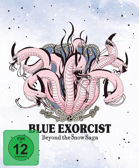 „BLUE EXORCIST: Beyond the Snow Saga“ und „FSK ab 12 freigegeben“. Illustration: Mehrköpfiges pinkes Schlangenwesen.