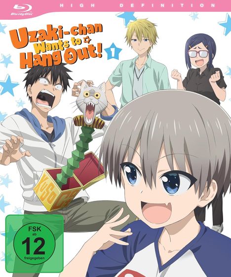 "Uzaki-chan Wants to Hang Out! 1" in orange Schrift. Eine fröhliche Anime-Figur im Vordergrund, mehrere Charaktere dahinter.