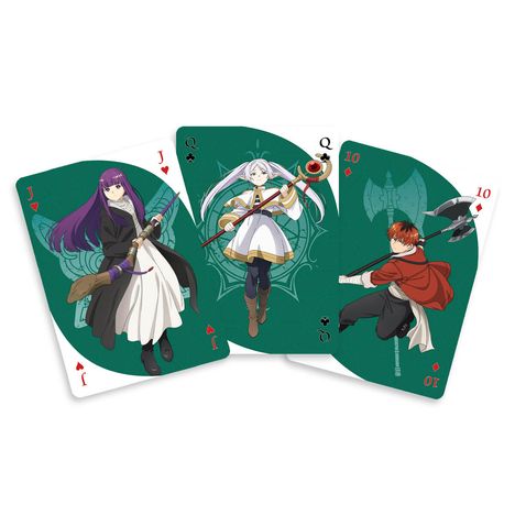 J-Karo, Q-Kreuz, 10-Karo. Anime-Charaktere auf Spielkarten in dynamischen Posen.