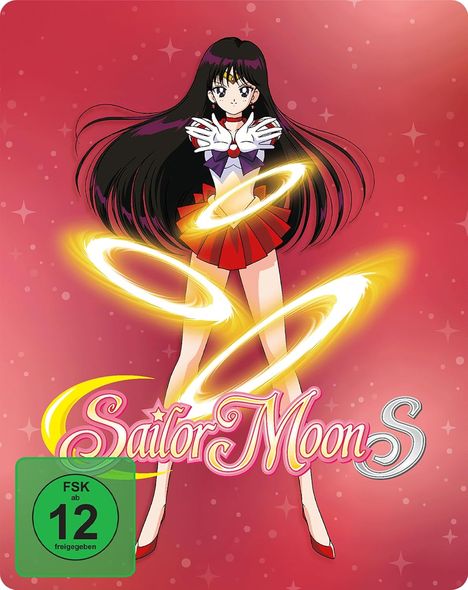 Text: FSK ab 12 freigegeben, Sailor Moon S. Eine Anime-Figur in Schulmädchenoutfit mit glühenden Ringen, pinker Hintergrund.