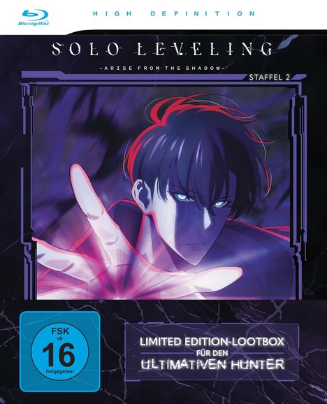 "Solo Leveling: Arise from the Shadow, Staffel 2" Blu-ray mit Illustration eines entschlossenen Charakters. FSK 16.