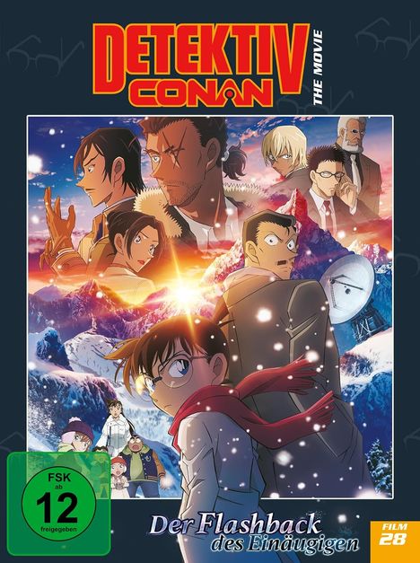 "DETEKTIV CONAN THE MOVIE", "Der Flashback des Einäugigen". Anime-Figuren vor schneebedeckten Bergen, FSK 12-Freigabe.