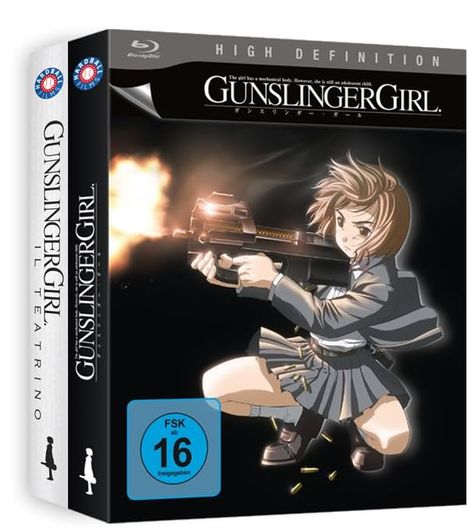 "Gunslinger Girl" Blu-ray mit FSK 16. Anime-Illustration eines Mädchens, das eine Waffe abfeuert.