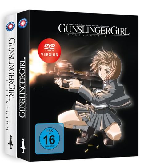 "GUNSLINGER GIRL" ist der Titel. Eine gezeichnete Figur in Schuluniform schießt mit einer Waffe. FSK 16.