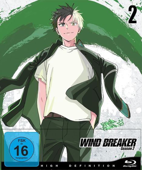 Text: "2", "Wind Breaker Season 2", "FSK ab 16 freigegeben". Anime-Charakter mit zweifarbigem Haar, lässigen Kleidung, grünem Hintergrund.