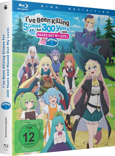 Text: "I've Been Killing Slimes for 300 Years and Maxed Out My Level Season 2". Farbige Anime-Charaktere auf einer Wiese.