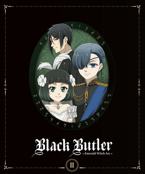 „Black Butler: Emerald Witch Arc II“ steht unten. Drei Anime-Figuren sind in einem ovalen Rahmen dargestellt.