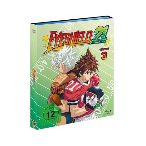 "Eyeshield 21", "Volume 3", FSK 12. Zwei Anime-Figuren in Football-Trikots, Hintergrund wie ein Spielfeld.