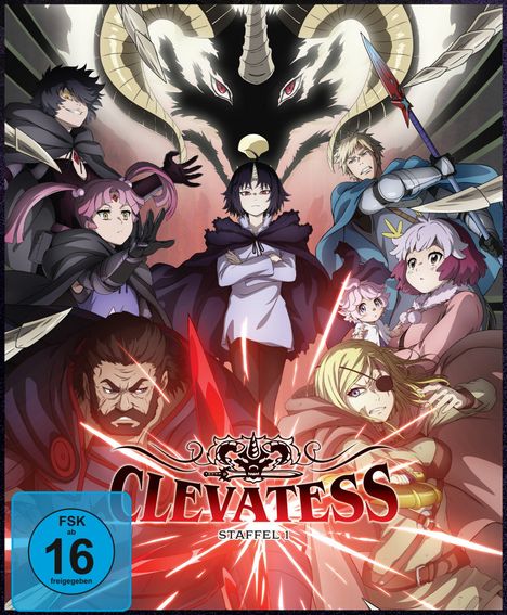 Text: „Clevatess Staffel 1“. Illustration mit Charakteren in Fantasy-Kleidung, umgeben von rotem Licht und Schattenwesen.