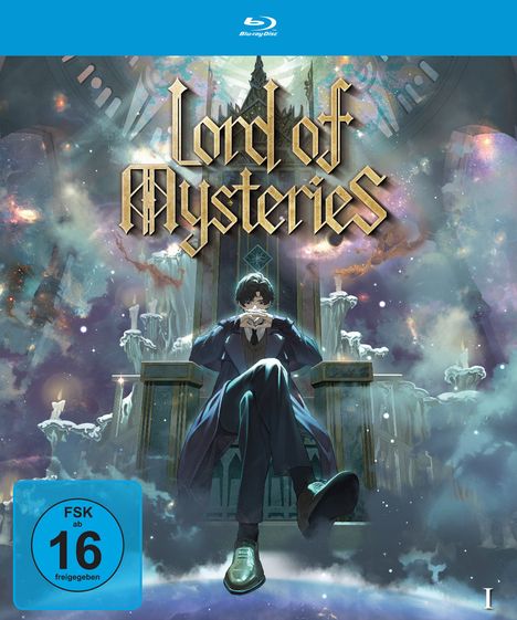 "Lord of Mysteries" steht oben in kunstvollem Schriftzug. Illustration eines Mannes auf einem Thron, umgeben von Kerzen.