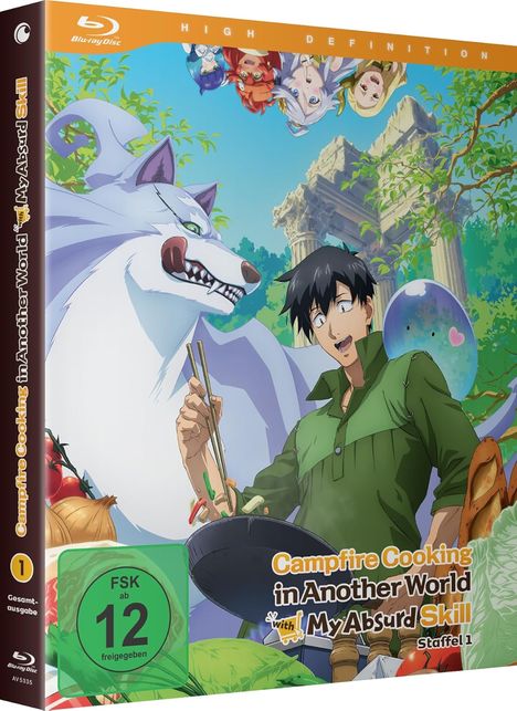 Text: "Campfire Cooking in Another World with My Absurd Skill, Staffel 1, FSK ab 12." Illustration: Mann kocht mit Wolf.