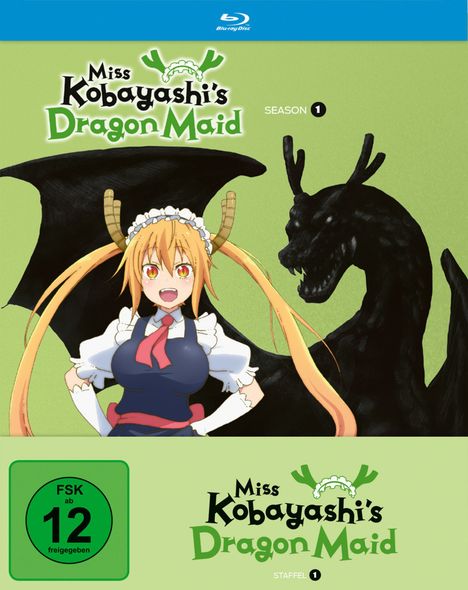 "Miss Kobayashi's Dragon Maid", Staffel 1, FSK 12. Bild: Frau in Dienstmädchenkleidung vor schwarzem Drachen.