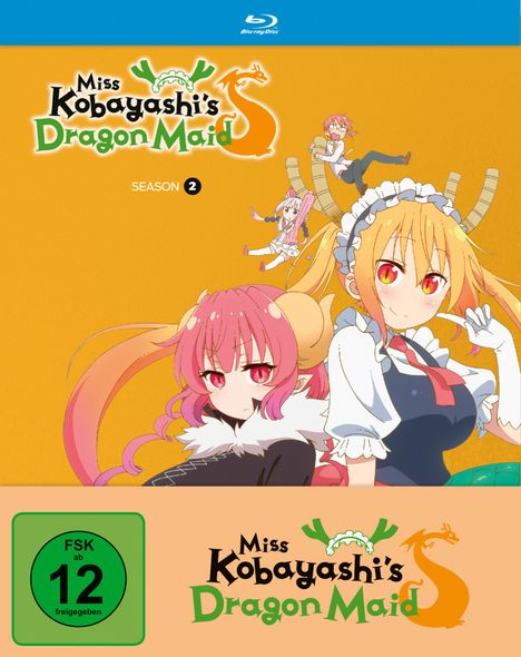 "Miss Kobayashi's Dragon Maid Season 2". Illustrationen von Charakteren mit Drachenmerkmalen, fröhliche Farben und ein grünes FSK-12-Logo.