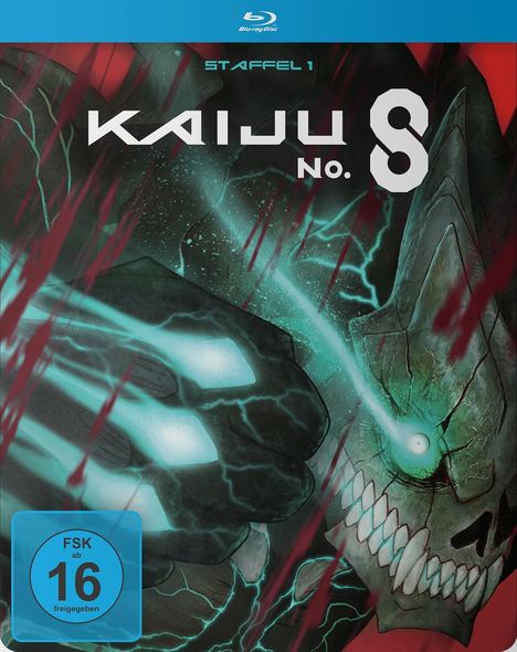 Text: "STAFFEL 1", "KAIJU NO. 8", "FSK ab 16 freigegeben". 

Illustration eines monsterhaften Wesens mit leuchtenden Augen.