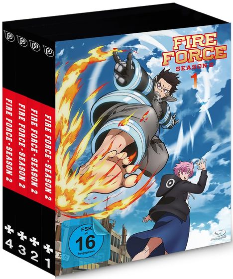 "Fire Force Season 2", rote Schrift, dynamische Illustration eines Charakters mit Flammen und einem weiteren Charakter.