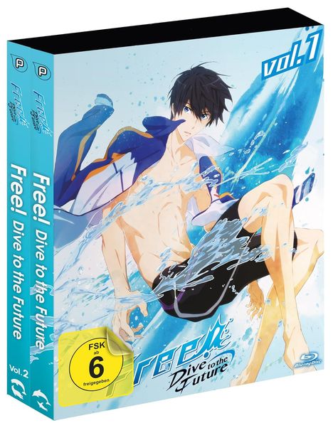 "Free! Dive to the Future Vol.1 und Vol.2" auf einem Verpackungscover. Animierter Schwimmer mit dunklem Haar und Wellen. FSK 6.