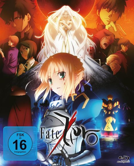 FSK ab 16 freigegeben. Fate/Zero. Anime-Illustration mit mehreren Charakteren in dramatischer Pose und leuchtenden Farben.