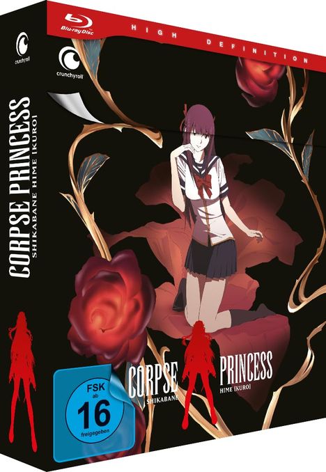 "Corpse Princess", FSK 16. Anime-Mädchen in Schuluniform vor roten Rosen und dunklem Hintergrund.
