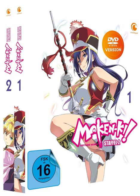 "Maken-Ki! Staffel 2", "FSK ab 16 freigegeben". Eine animierte Frau in auffälligem Outfit mit Stock.