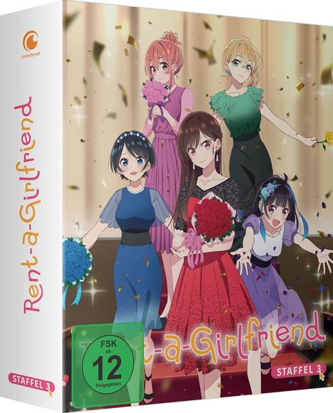 "Rent-a-Girlfriend, Staffel 3", FSK ab 12 freigegeben. Illustration von fünf fröhlichen Frauen in eleganter Kleidung mit Blumen.
