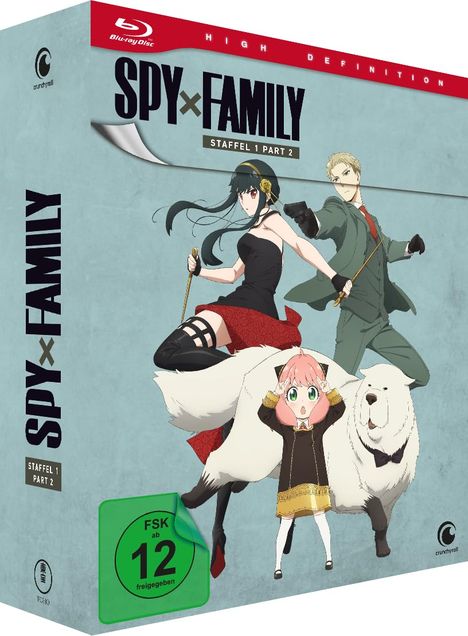 "SPY×FAMILY Staffel 1 Part 2". Illustration: Drei Figuren mit Hund, einer hält eine Waffe, eine andere schwingt ein Schwert.