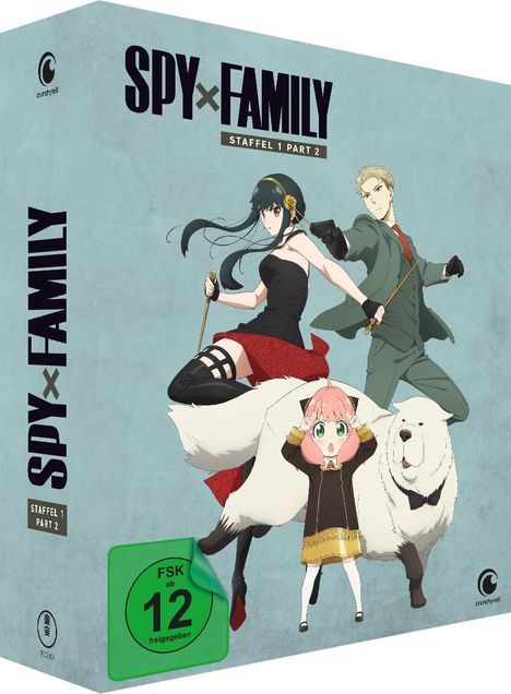 „SPY×FAMILY Staffel 1 Part 2“ steht auf einer Verpackung, mit FSK 12 Zeichen. Gezeichnete Figuren, darunter ein großer Hund.
