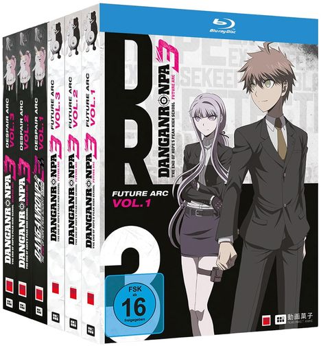 "Danganronpa 3 Future Arc Vol. 1" steht über einem animierten Paar in Anzügen. Es ist ein Blu-ray-Set mit FSK 16.