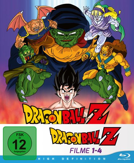 „Dragon Ball Z Filme 1-4“. Ein Held umgeben von bunten, bedrohlichen Charakteren. FSK 12 Symbol und Blu-ray Logo unten.