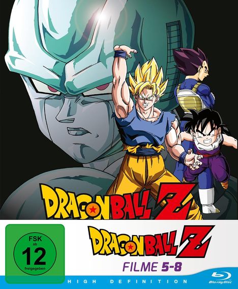 „DRAGON BALL Z“, „FILME 5-8“. Ab 12 freigegeben. Illustration von drei kämpfenden Charakteren vor einem großen Gesicht.