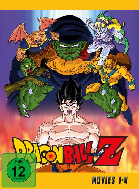 "Dragon Ball Z: Movies 1-4" und FSK 12. Illustration mit kämpfenden Figuren, zentral eine muskulöse Figur mit schwarzem Haar.
