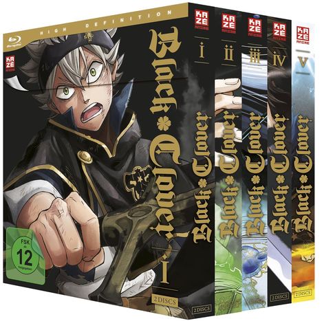 "Black Clover" Boxset I-V, KAZÉ Logo, FSK 12, High Definition. Anime-Illustration mit entschlossenem Charakter vorne.