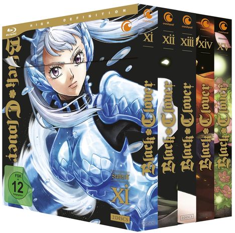 "Black Clover" Staffel 11 bis 15 Hüllen; Fokus auf eine Figur in blauer Rüstung auf dem Cover der Staffel XI.