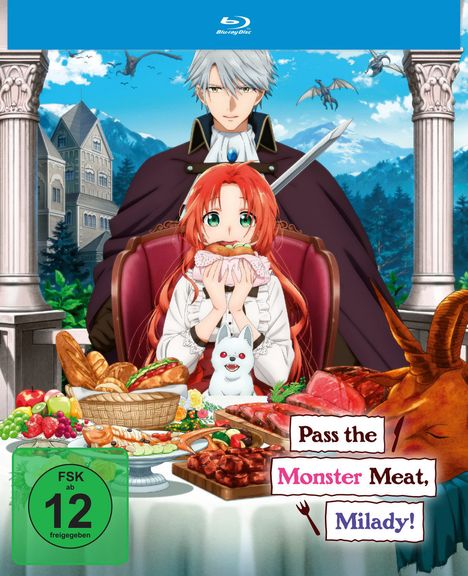 Text: „Pass the Monster Meat, Milady!“ und „FSK ab 12 freigegeben“. 

Illustration: Zwei Figuren an einem Tisch voller Speisen, mit Landschaft und Gebäude im Hintergrund.