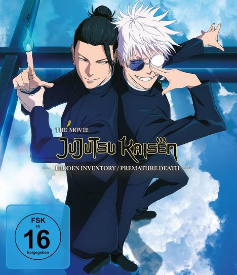 FSK ab 16, THE MOVIE Jujutsu Kaisen. Zwei Anime-Figuren posieren dynamisch vor einem Himmelshintergrund.